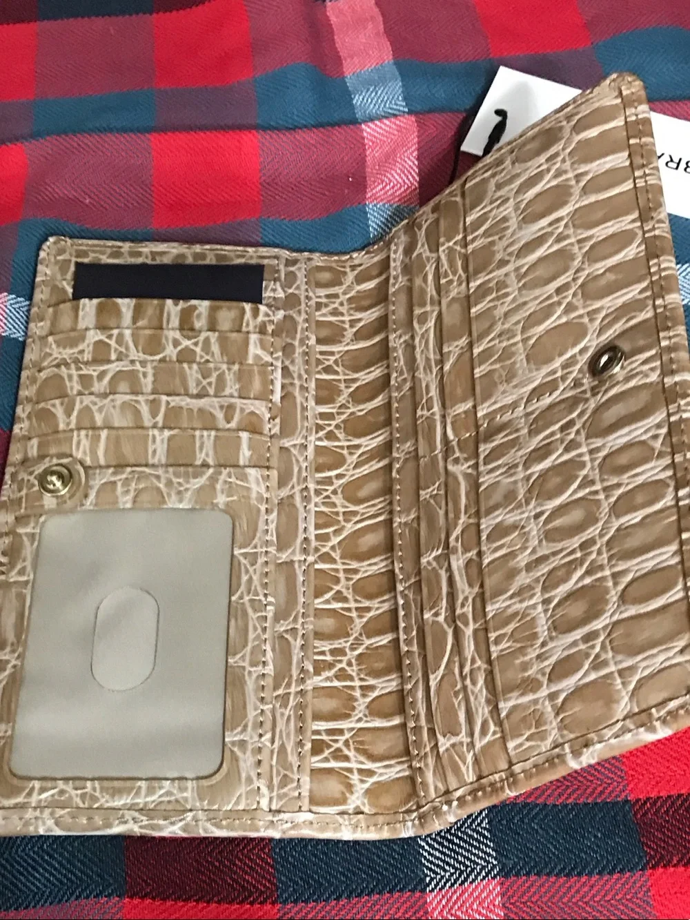 Brahmin Beige Croc-Embossed Trifold Wallet with Metal Logo